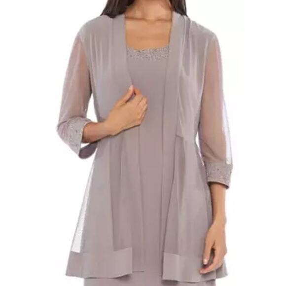 R&M Richards Mesh Panel Jacket Dress Size 3X Taupe Knee Length Elegant Cocktail - Picture 6 of 14